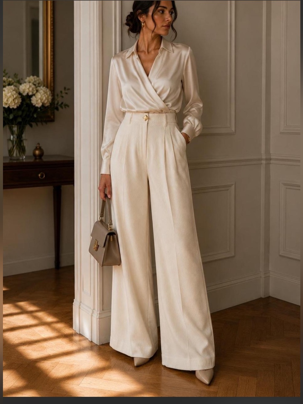 Elegant High-Waist Wide-Leg Cream Trousers